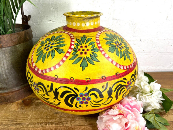 Vintage Large Indian Metal Hand Painted Riveted Water Bowl Pot Dry Flower Vase