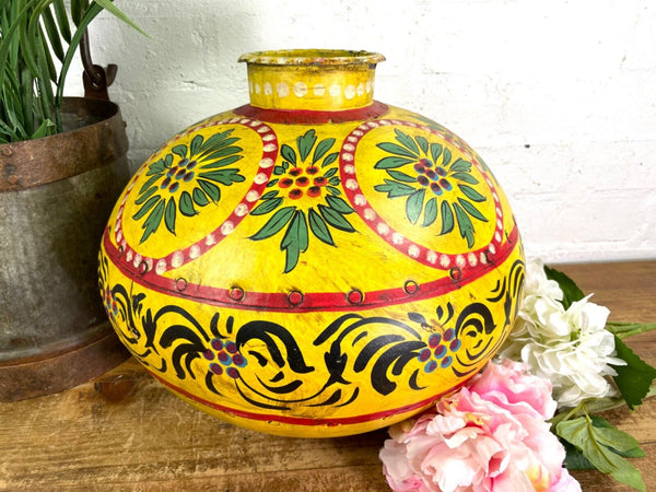 Vintage Large Indian Metal Hand Painted Riveted Water Bowl Pot Dry Flower Vase