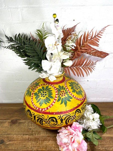 Vintage Large Indian Metal Hand Painted Riveted Water Bowl Pot Dry Flower Vase