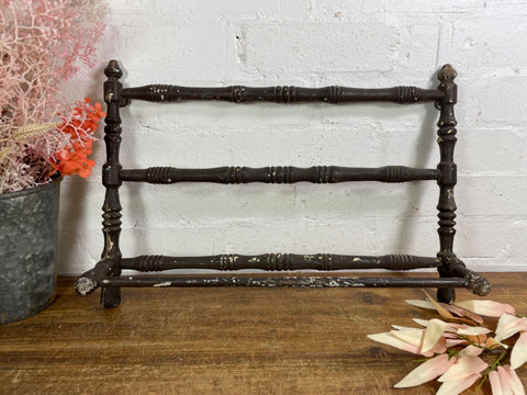 Antique French Wooden Turned Bobbin Bathroom Kitchen Towel Rail Holder