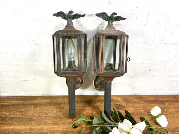 Vintage Pair Glazed Brass Carriage Coach Doorway Entrance Lamps Lanterns Eagle