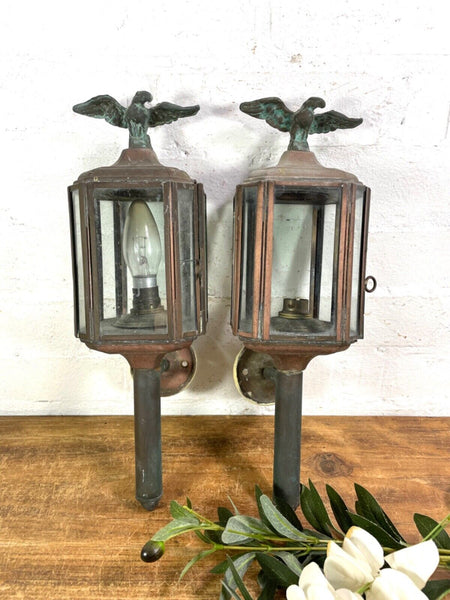 Vintage Pair Glazed Brass Carriage Coach Doorway Entrance Lamps Lanterns Eagle