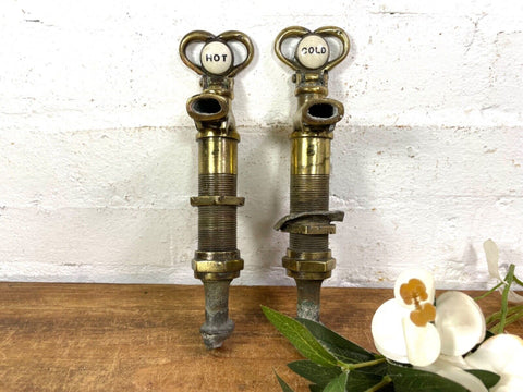 Antique Pair 19th Century Solid Brass Sink Basin Bath Taps