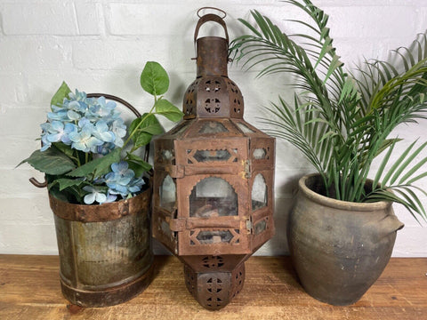 Vintage Moroccan Style Rustic Glazed Metal Hanging Candle Holder Lantern