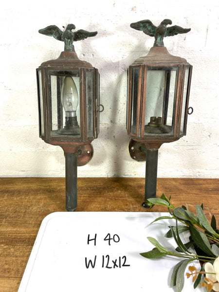 Vintage Pair Glazed Brass Carriage Coach Doorway Entrance Lamps Lanterns Eagle