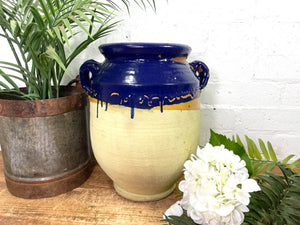 Vintage French Style Blue Glazed Terracotta Confit Pot Urn