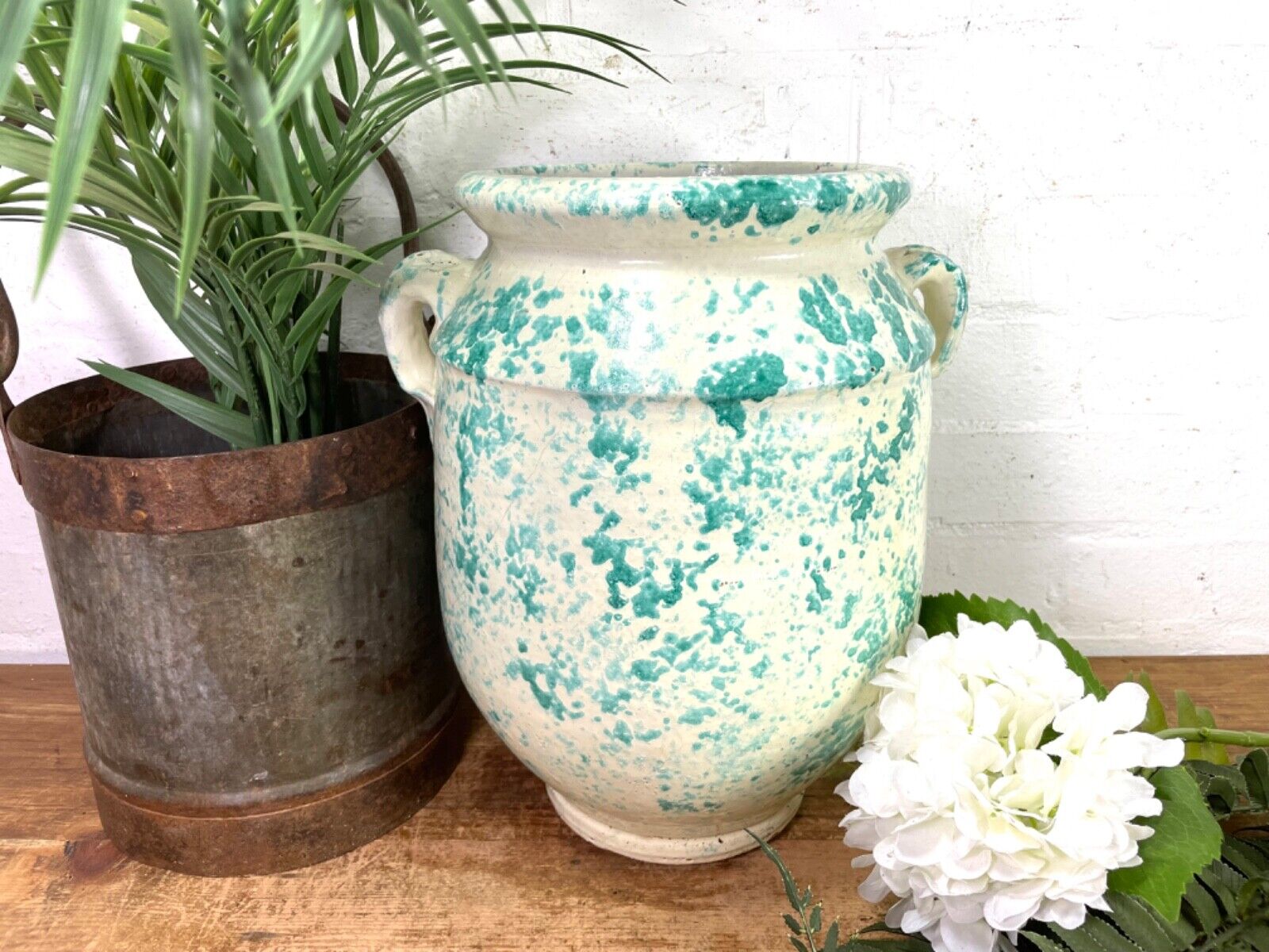 Vintage Italian Style Green White Painted Glazed Terracotta Confit Pot Urn Vase