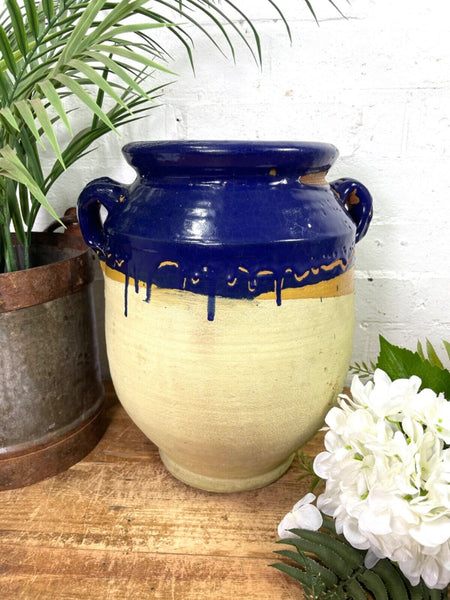 Vintage French Style Blue Glazed Terracotta Confit Pot Urn