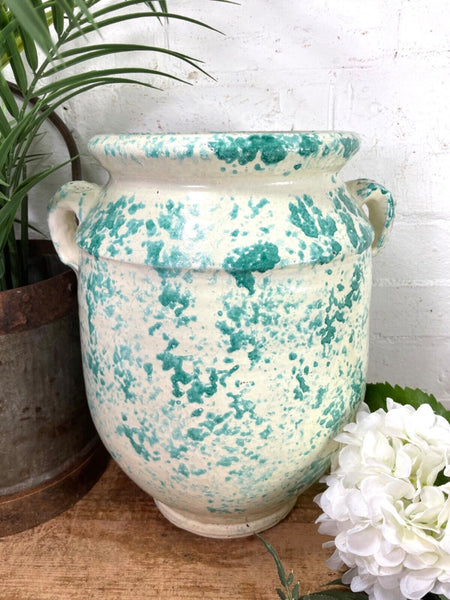 Vintage Italian Style Green White Painted Glazed Terracotta Confit Pot Urn Vase