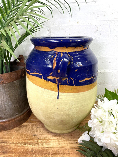 Vintage French Style Blue Glazed Terracotta Confit Pot Urn