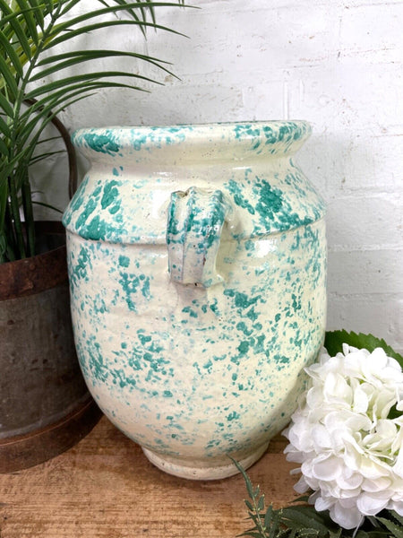 Vintage Italian Style Green White Painted Glazed Terracotta Confit Pot Urn Vase