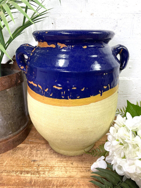 Vintage French Style Blue Glazed Terracotta Confit Pot Urn