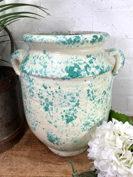 Vintage Italian Style Green White Painted Glazed Terracotta Confit Pot Urn Vase