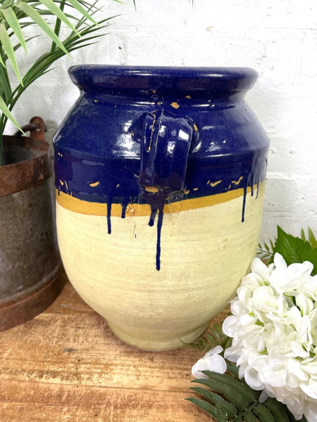 Vintage French Style Blue Glazed Terracotta Confit Pot Urn