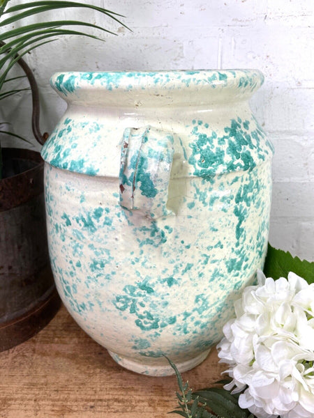 Vintage Italian Style Green White Painted Glazed Terracotta Confit Pot Urn Vase