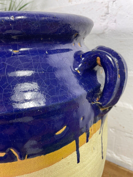 Vintage French Style Blue Glazed Terracotta Confit Pot Urn