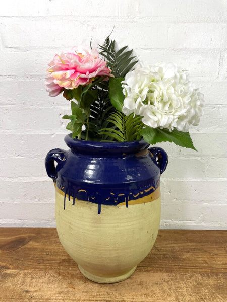 Vintage French Style Blue Glazed Terracotta Confit Pot Urn