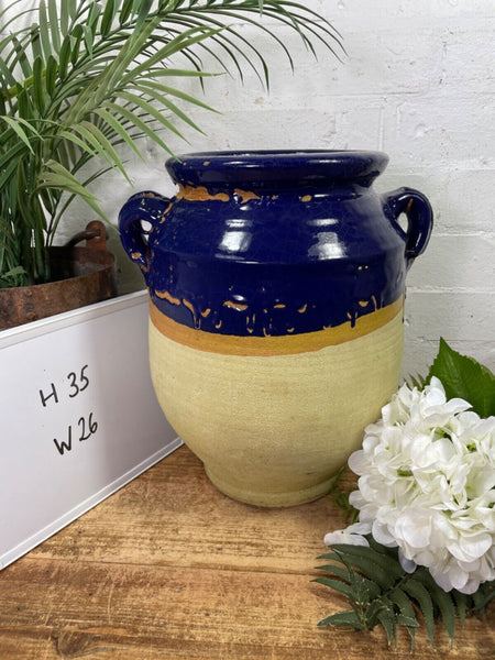 Vintage French Style Blue Glazed Terracotta Confit Pot Urn