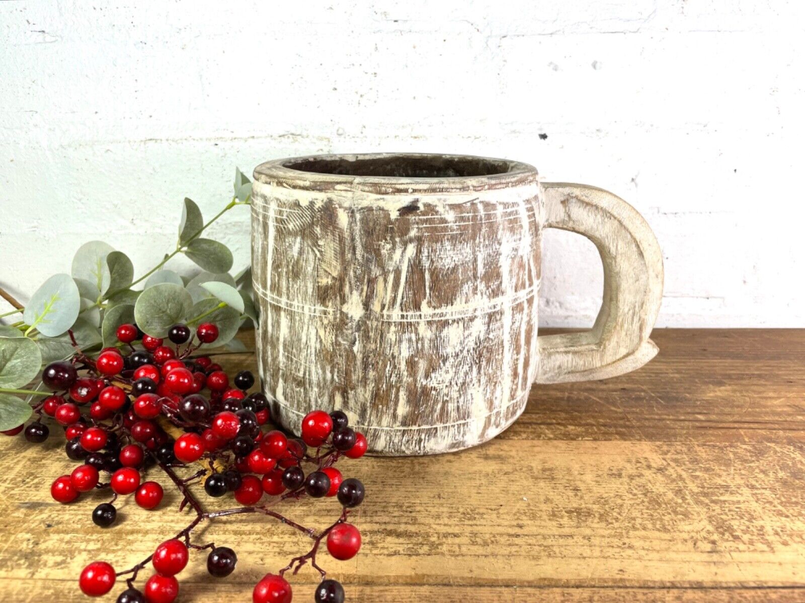 Vintage Rustic Wabi Sabi Hand Carved Bleached Wooden Storage Pot with Handle