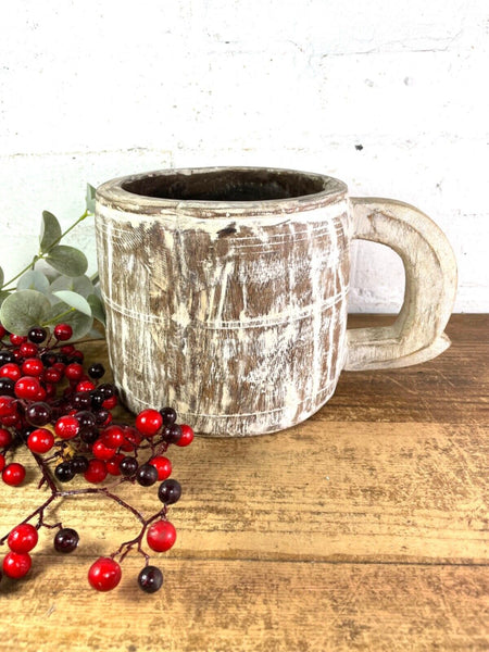 Vintage Rustic Wabi Sabi Hand Carved Bleached Wooden Storage Pot with Handle