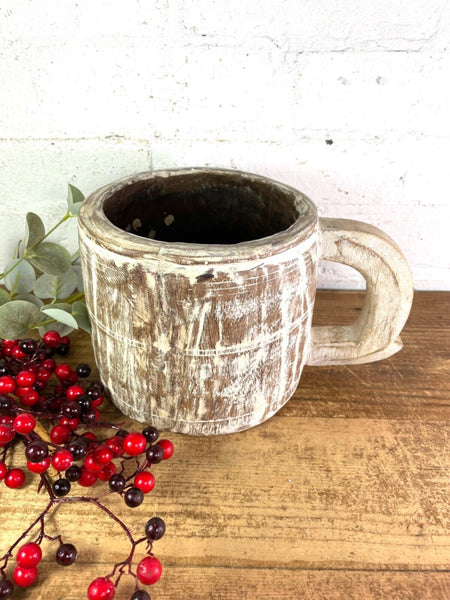 Vintage Rustic Wabi Sabi Hand Carved Bleached Wooden Storage Pot with Handle