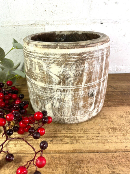 Vintage Rustic Wabi Sabi Hand Carved Bleached Wooden Storage Pot with Handle