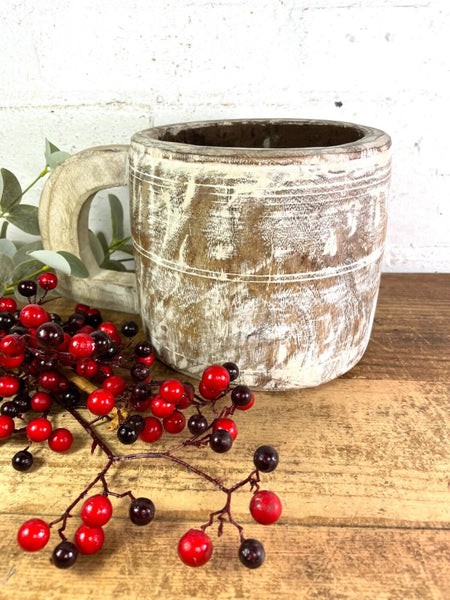 Vintage Rustic Wabi Sabi Hand Carved Bleached Wooden Storage Pot with Handle