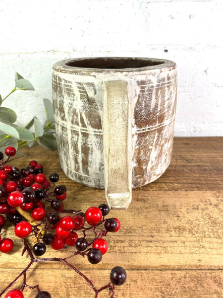 Vintage Rustic Wabi Sabi Hand Carved Bleached Wooden Storage Pot with Handle