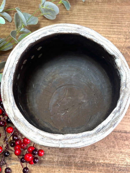 Vintage Rustic Wabi Sabi Hand Carved Bleached Wooden Storage Pot with Handle