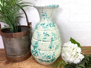 Vintage Italian Style Green White Painted Glazed Terracotta Confit Pot Urn Vase