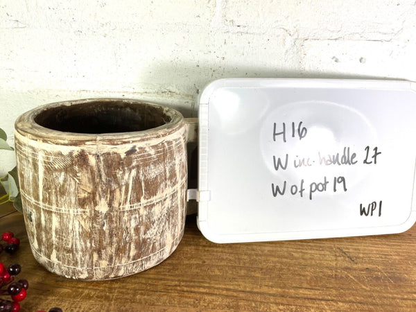 Vintage Rustic Wabi Sabi Hand Carved Bleached Wooden Storage Pot with Handle