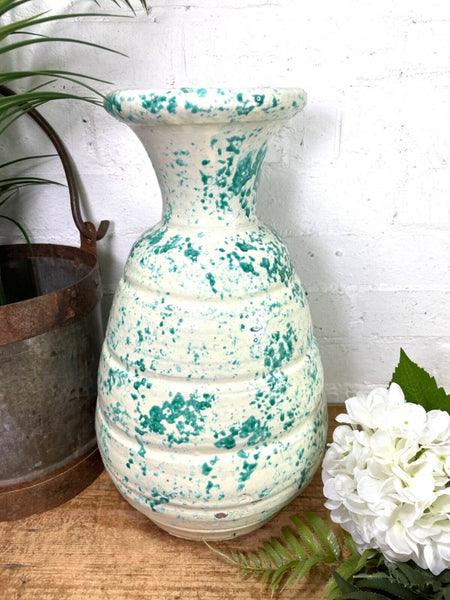 Vintage Italian Style Green White Painted Glazed Terracotta Confit Pot Urn Vase