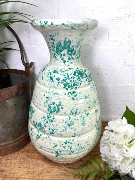 Vintage Italian Style Green White Painted Glazed Terracotta Confit Pot Urn Vase