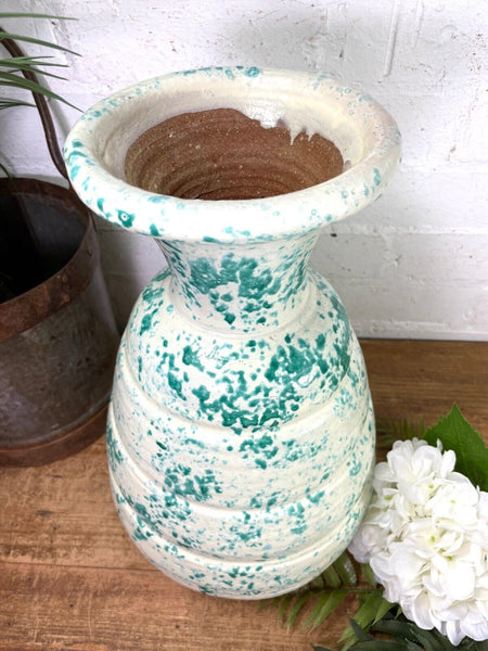 Vintage Italian Style Green White Painted Glazed Terracotta Confit Pot Urn Vase