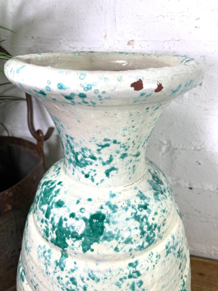 Vintage Italian Style Green White Painted Glazed Terracotta Confit Pot Urn Vase