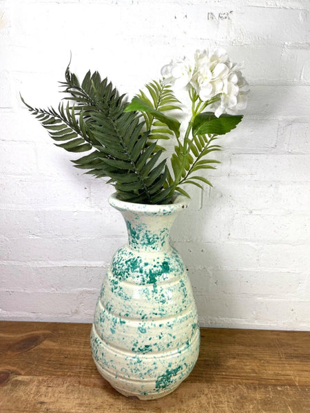 Vintage Italian Style Green White Painted Glazed Terracotta Confit Pot Urn Vase