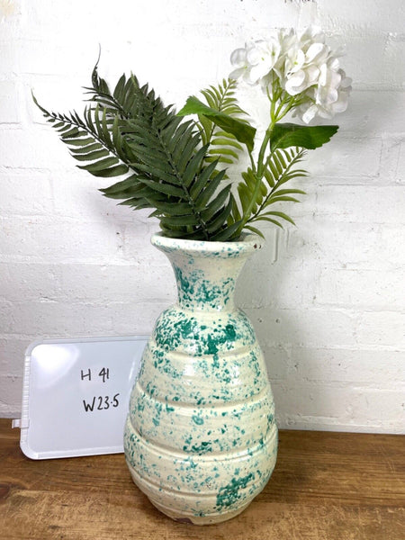 Vintage Italian Style Green White Painted Glazed Terracotta Confit Pot Urn Vase