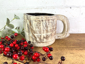 Vintage Rustic Wabi Sabi Hand Carved Bleached Wooden Storage Pot with Handle