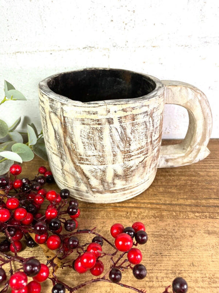 Vintage Rustic Wabi Sabi Hand Carved Bleached Wooden Storage Pot with Handle