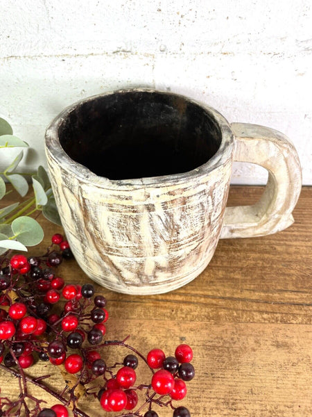 Vintage Rustic Wabi Sabi Hand Carved Bleached Wooden Storage Pot with Handle