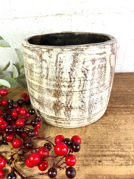 Vintage Rustic Wabi Sabi Hand Carved Bleached Wooden Storage Pot with Handle