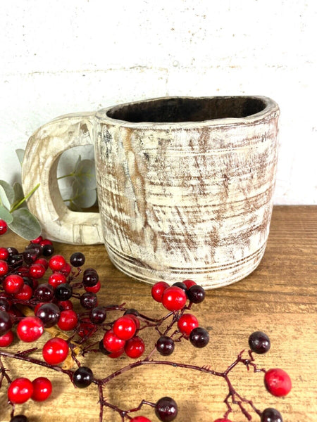 Vintage Rustic Wabi Sabi Hand Carved Bleached Wooden Storage Pot with Handle