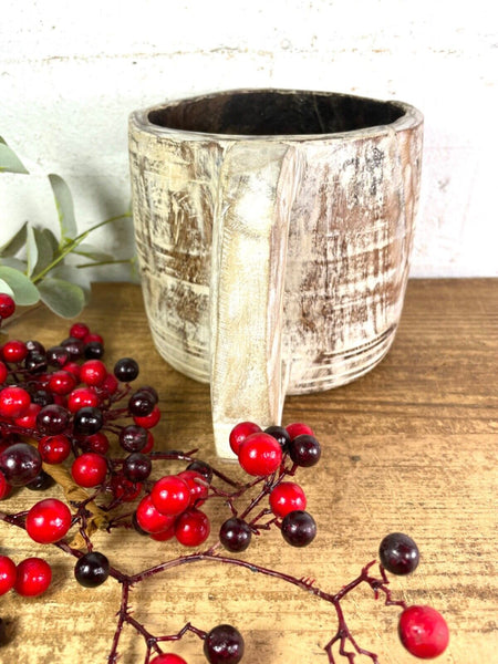 Vintage Rustic Wabi Sabi Hand Carved Bleached Wooden Storage Pot with Handle