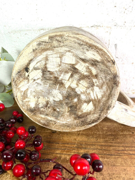 Vintage Rustic Wabi Sabi Hand Carved Bleached Wooden Storage Pot with Handle