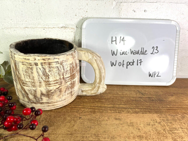 Vintage Rustic Wabi Sabi Hand Carved Bleached Wooden Storage Pot with Handle