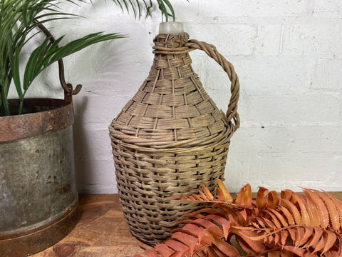 Vintage French Wicker Hand Blown Glass Demijohn Carboy Wine Bottle Vessel Vase