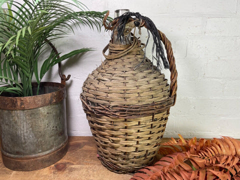 Vintage French Wicker Hand Blown Glass Demijohn Carboy Wine Bottle Vessel Vase