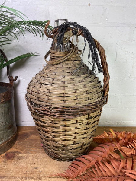 Vintage French Wicker Hand Blown Glass Demijohn Carboy Wine Bottle Vessel Vase