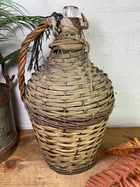 Vintage French Wicker Hand Blown Glass Demijohn Carboy Wine Bottle Vessel Vase