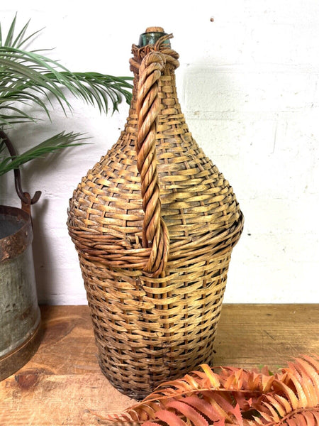 Vintage French Wicker Hand Blown Glass Demijohn Carboy Wine Bottle Vessel Vase